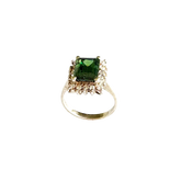 Vintage Sterling Silver Emerald Cut Green Color Stone Ring with White Stone Halo