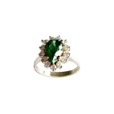 Sterling Silver Pear-Cut Green Color Stone and White CZ Cluster Ring