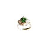 Vintage Sterling Silver Ring with Oval Green Color Stone and Tapered Baguette Halo