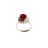 Vintage Sterling Silver Ring with Oval Red Stone and White CZ Halo