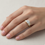 14K Gold Three-Stone Engagement Ring with Round and Princess Cut Stones