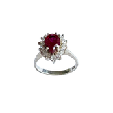 Vintage-Inspired Teardrop Lap Created Red Stone & Clear Stone Halo Ring in Sterling Silver