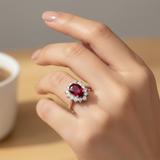 Vintage-Inspired Teardrop Lap Created Red Stone & Clear Stone Halo Ring in Sterling Silver