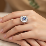 Vintage Sterling Silver Blue Ballerina Statement Ring with Baguette Halo