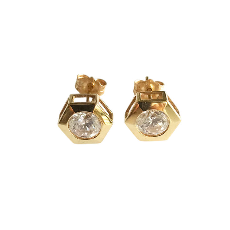 14K Gold Hexagonal Stud Earrings with Bezel-Set Round Premium Cubic Zirconia