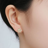 14K Gold Dazzling Floral Stud Earrings with Premium Cubic Zirconia