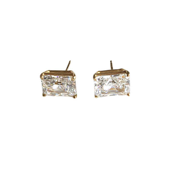 14K Yellow Gold Emerald Cut Premium Cubic Zirconia Stud Earrings