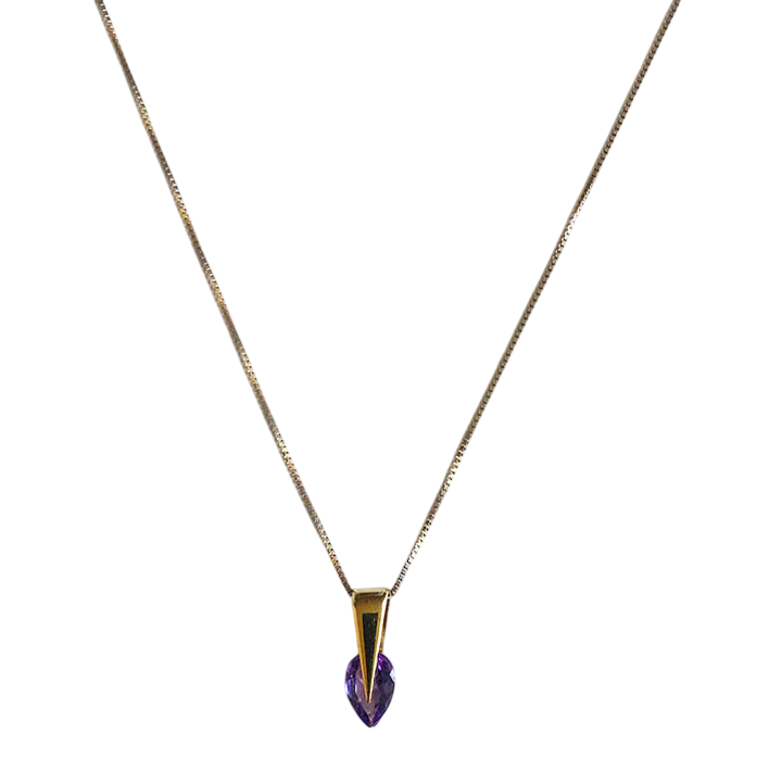 14K Gold Box Chain Necklace with Marquise-Cut Amethyst Pendant