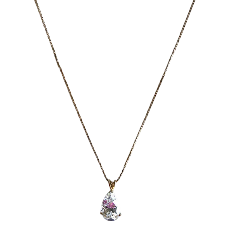 14k Gold Long Length Necklace with Pear-Shaped Premium Cubic Zirconia Pendant