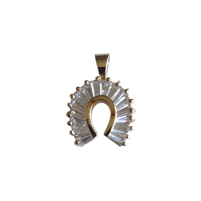 14K Gold Baguette Cut Stones Horseshoe Pendant
