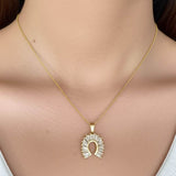 14K Gold Baguette Cut Stones Horseshoe Pendant