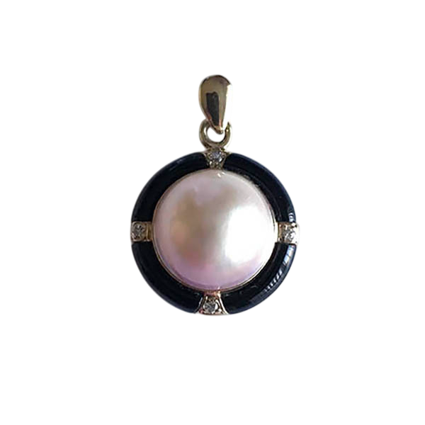 14K Gold Natural Half-Pearl & Onyx Sparking Stone Accent Pendant