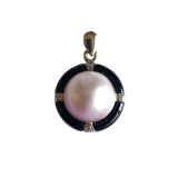 14K Gold Natural Half-Pearl & Onyx Sparking Stone Accent Pendant