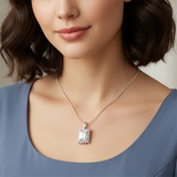 Sterling Silver Emerald-Cut Cubic Zirconia Pendant with CZ Halo