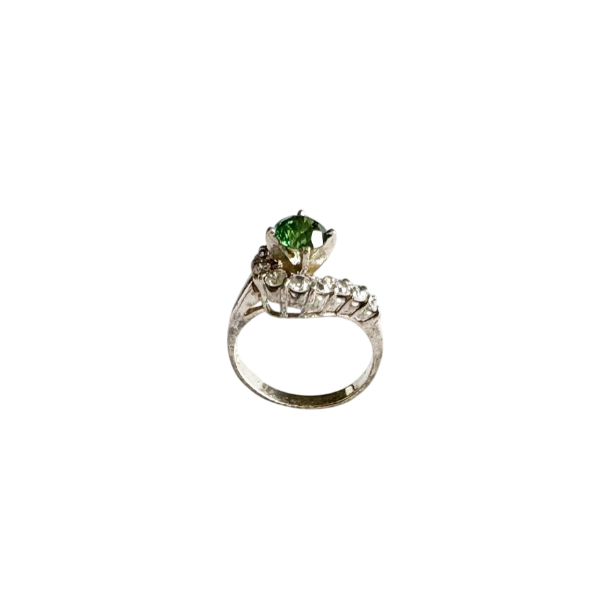 Vintage Sterling Silver Ring with Green Stone and Clear Stone Accents
