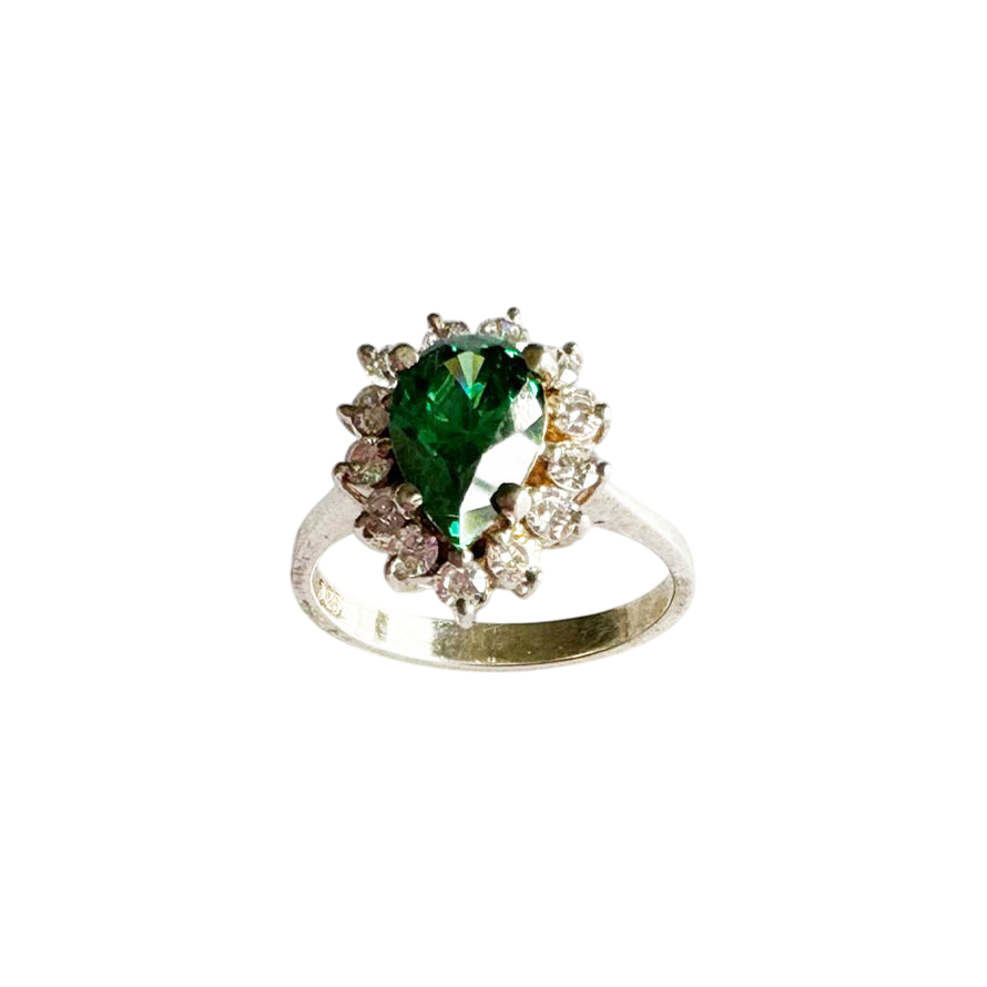 Sterling Silver Pear-Cut Green Color Stone and White CZ Cluster Ring