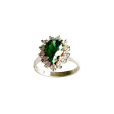 Sterling Silver Pear-Cut Green Color Stone and White CZ Cluster Ring