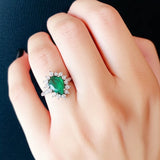 Sterling Silver Pear-Cut Green Color Stone and White CZ Cluster Ring