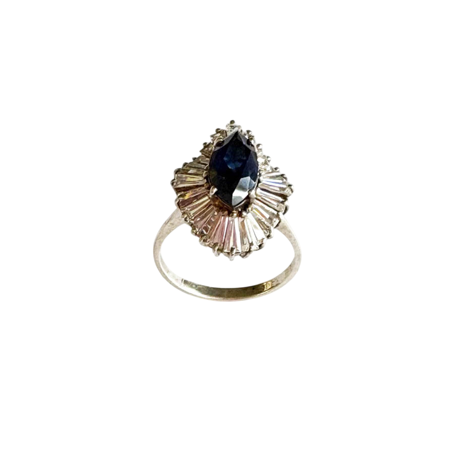 Vintage Sterling Silver Marquise Blue Stone & Baguette White CZ Cluster Ring