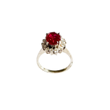 Vintage Sterling Silver Ring with Oval Red Stone and White CZ Halo