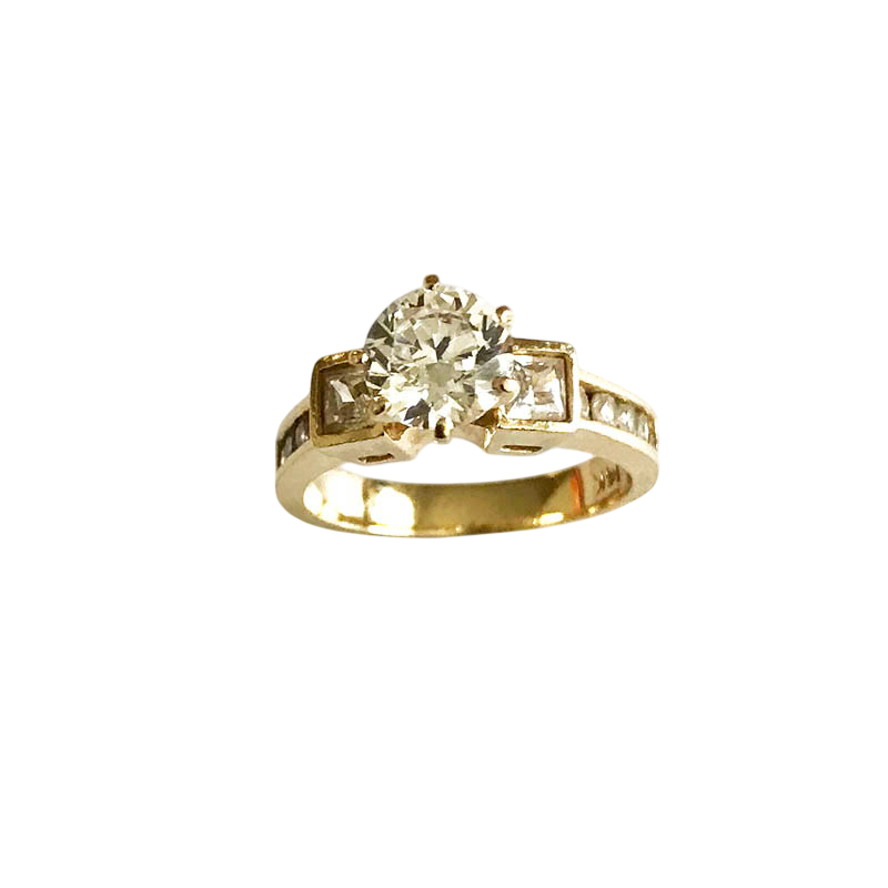 14K Yellow Gold Three-Stone Engagement Ring with Round and Princess Cut Stones