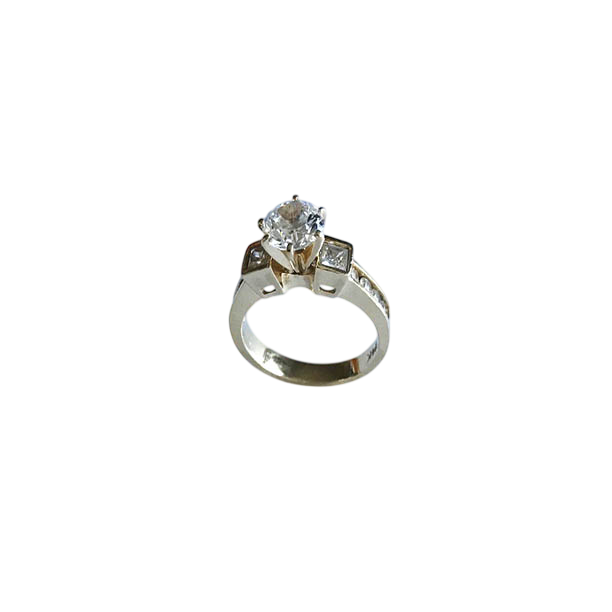 14K Gold Three-Stone Engagement Ring with Round and Princess Cut Stones