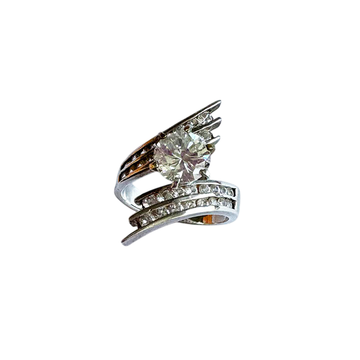 Modern Sterling Silver Swirl Ring with Round Solitaire & Channel-Set Accents