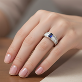 Unisex Band Art Deco Style Sterling Silver Bezel-Set Sapphire & Baguette Channel Ring
