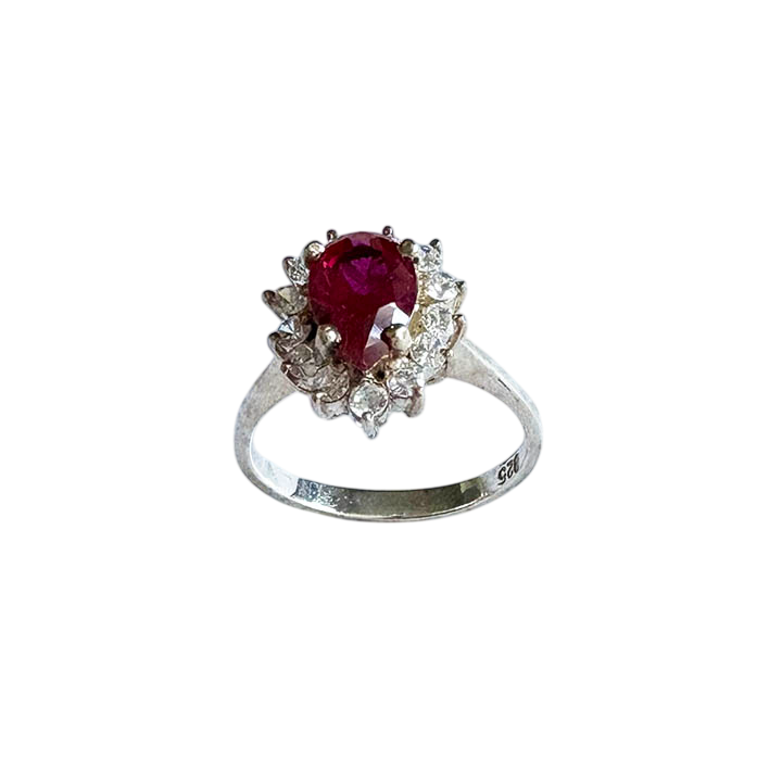 Vintage-Inspired Teardrop Lap Created Red Stone & Clear Stone Halo Ring in Sterling Silver