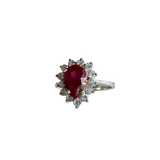 Vintage-Inspired Teardrop Lap Created Red Stone & Clear Stone Halo Ring in Sterling Silver