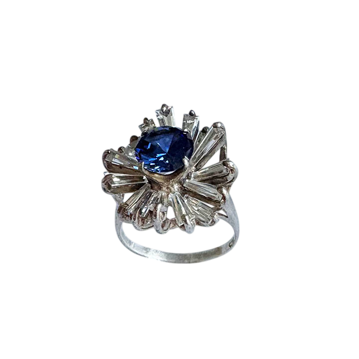 Vintage Sterling Silver Blue Ballerina Statement Ring with Baguette Halo